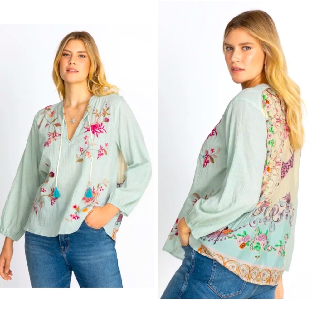 Johnny Was Mint Green Embroidered Floral Peasant Blouse
